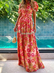 Bohemian Short-sleeved Printed Long Dress for Women
