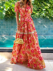 Bohemian Short-sleeved Printed Long Dress for Women