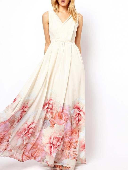 Bohemian Sleeveless Deep V Neck Flower Print Long Dress