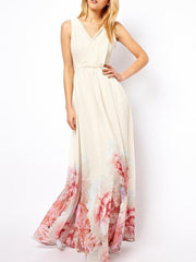 Bohemian Sleeveless Deep V Neck Flower Print Long Dress for Women