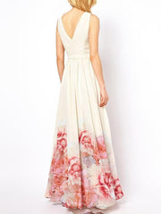 Bohemian Sleeveless Deep V Neck Flower Print Long Dress for Women