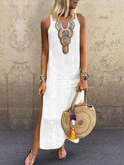 Bohemian Sleeveless Deep V-neck Side Slit Dress for Women