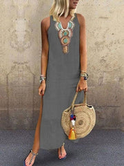 Bohemian Sleeveless Deep V-neck Side Slit Dress for Women