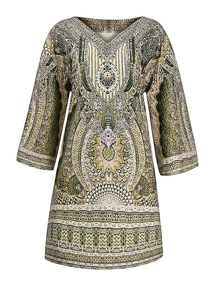 Bohemian V Loose Sleeve Printed Midi Vacation Dress