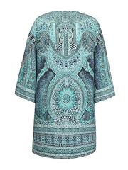 Bohemian V Loose Sleeve Printed Midi Vacation Dress for Women