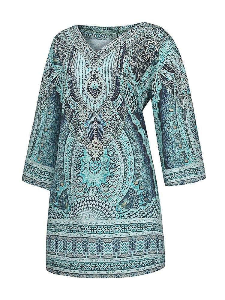 Bohemian V Loose Sleeve Printed Midi Vacation Dress