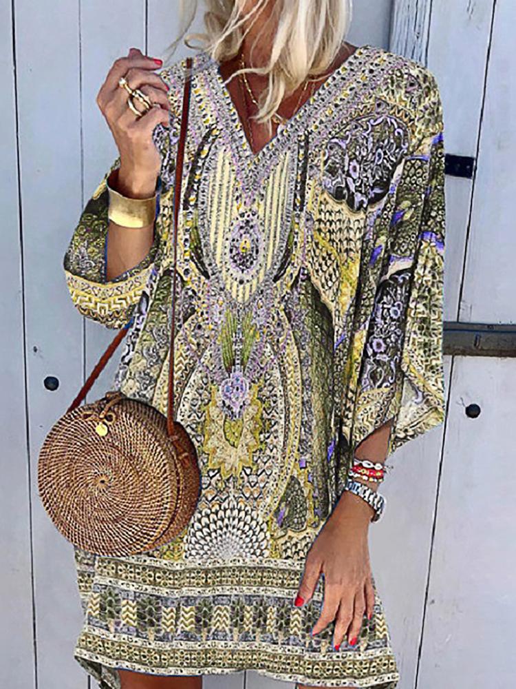 Bohemian V Loose Sleeve Printed Midi Vacation Dress for Women