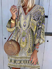 Bohemian V Loose Sleeve Printed Midi Vacation Dress for Women