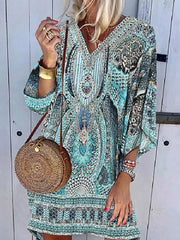 Bohemian V Loose Sleeve Printed Midi Vacation Dress for Women