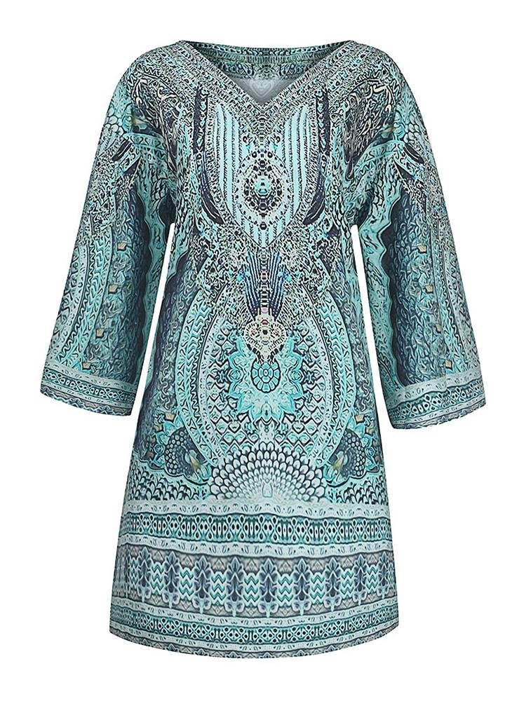 Bohemian V Loose Sleeve Printed Midi Vacation Dress