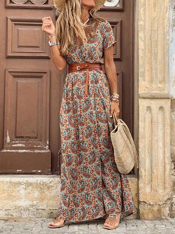 Bohemian V Neck Print A-Line Maxi Dress With Belt for Women
