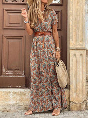 Bohemian V Neck Print A-Line Maxi Dress With Belt for Women