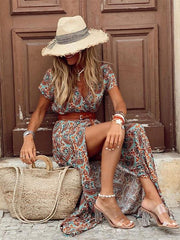 Bohemian V Neck Print A-Line Maxi Dress With Belt for Women