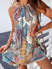 Boho Style All Over Print Halter Sleeveless Mini Dress for Women