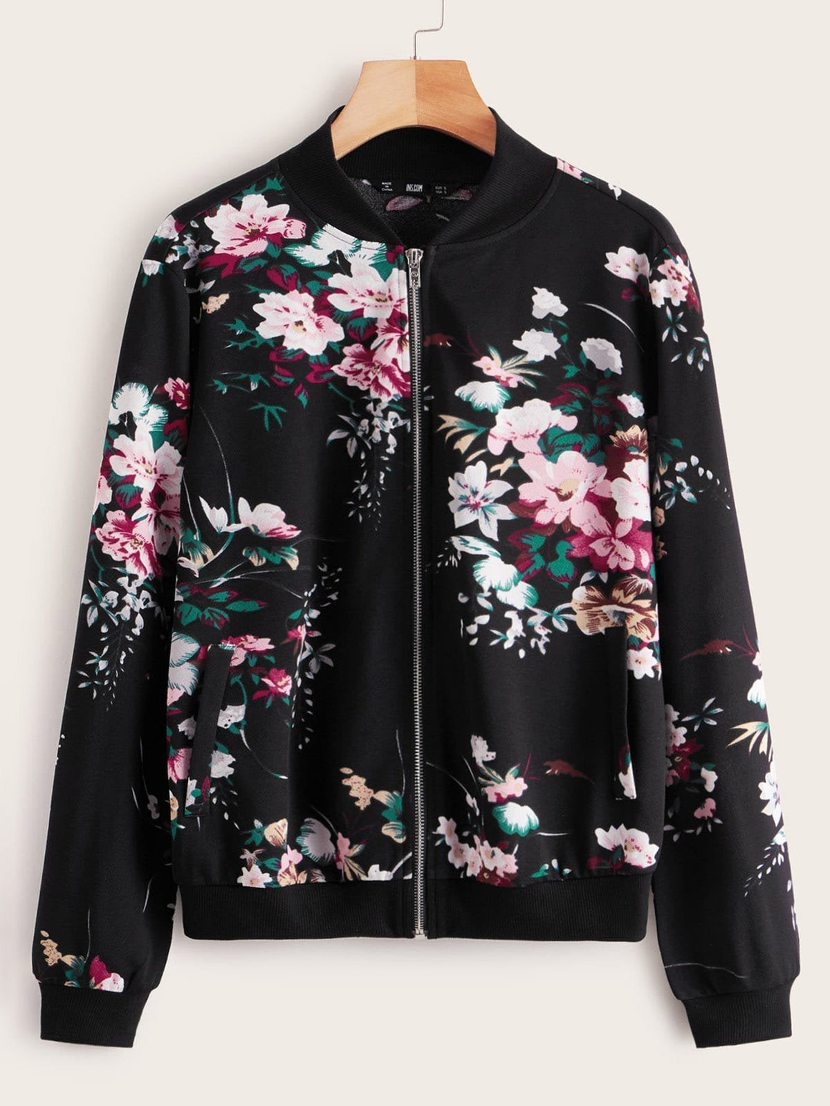 Botanical Print Zip Up Bomber Jacket for Women