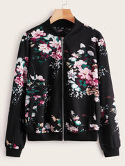 Botanical Print Zip Up Bomber Jacket for Women