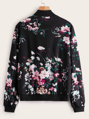 Botanical Print Zip Up Bomber Jacket for Women
