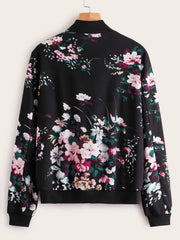 Botanical Print Zip Up Bomber Jacket