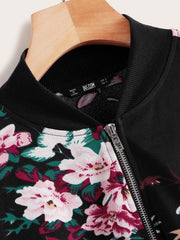 Botanical Print Zip Up Bomber Jacket for Women