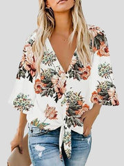 Bow Shirt Leopard/Flower Print V Neck Flared Sleeve Blouse