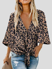 Bow Shirt Leopard/Flower Print V Neck Flared Sleeve Blouse for Women