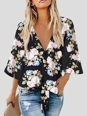 Bow Shirt Leopard/Flower Print V Neck Flared Sleeve Blouse
