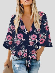 Bow Shirt Leopard/Flower Print V Neck Flared Sleeve Blouse