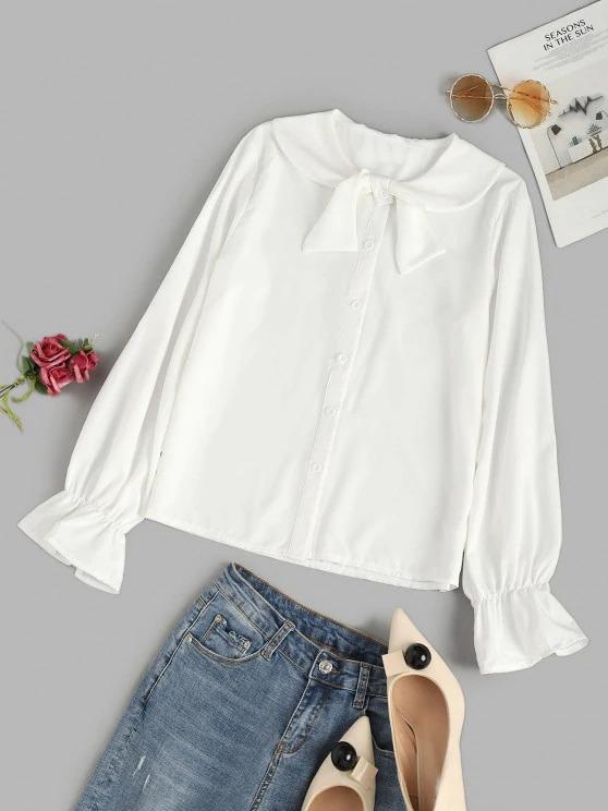 Bowknot Neck Poet Sleeve Button Up Shirt