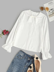 Bowknot Neck Poet Sleeve Button Up Shirt
