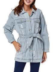 Boyfriend Ripped Light Wash Belt Denim Coat for Women