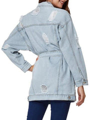 Boyfriend Ripped Light Wash Belt Denim Coat for Women