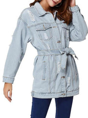 Boyfriend Ripped Light Wash Belt Denim Coat for Women
