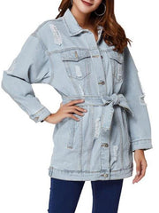 Boyfriend Ripped Light Wash Belt Denim Coat for Women