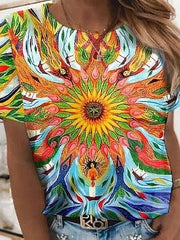 Bright Abstract Print Round Neck T-shirt for Women