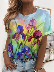 Bright Abstract Print Round Neck T-shirt for Women
