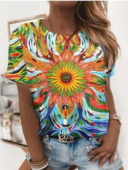 Bright Abstract Print Round Neck T-shirt for Women