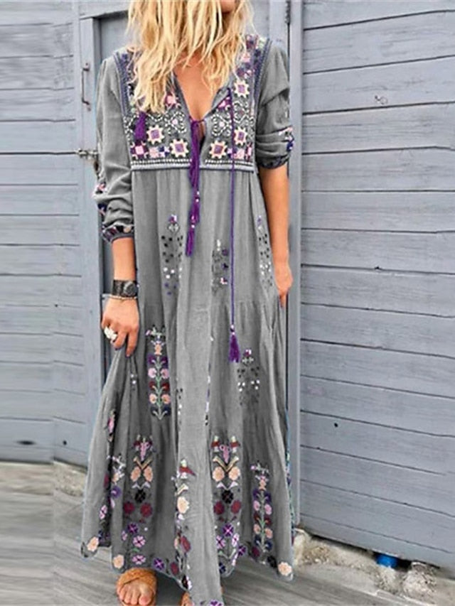 Bohemia Casual Dress Shift Dress Boho Dress Long Dress Maxi Dress Red Blue Brown Long Sleeve Floral Print Summer Fall Autumn V Neck Vacation Weekend Fall Dress  S M L XL XXL 3XL 4XL for Women