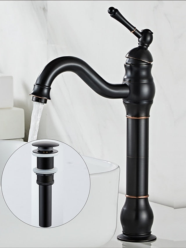 Bathroom Sink Mixer Faucet Antique Brass ORB, 360 Rotatable Basin Tap Single Handle Deck Mounted, Traditional Washroom Vessel Bath Taps