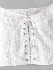 Broderie Anglaise Lace Up Ruffle Milkmaid Crop Blouse