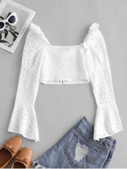 Broderie Anglaise Lace Up Ruffle Milkmaid Crop Blouse