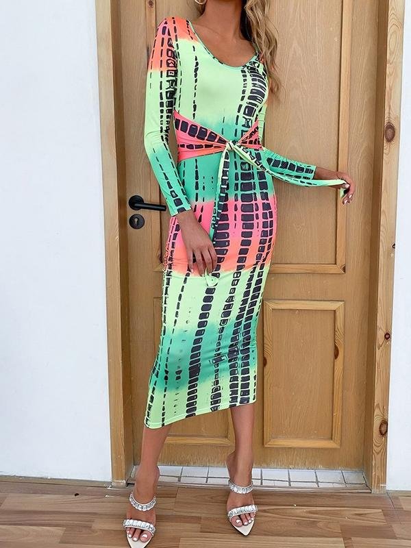 Brush Stroke Print Tie Waist Bodycon Dress for Women
