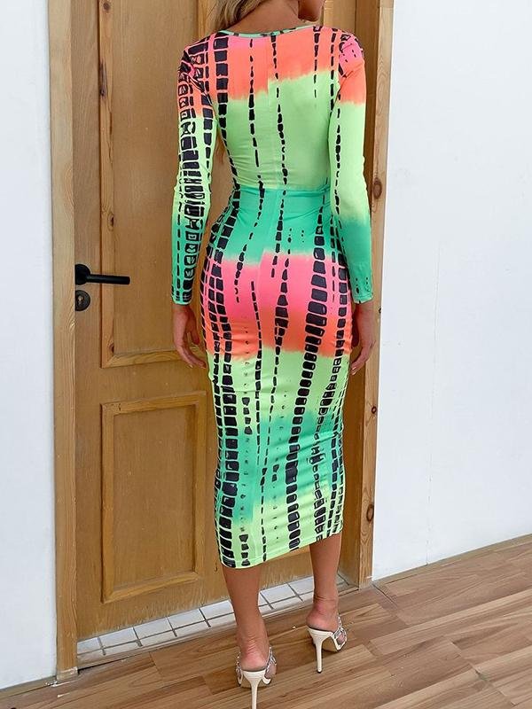 Brush Stroke Print Tie Waist Bodycon Dress