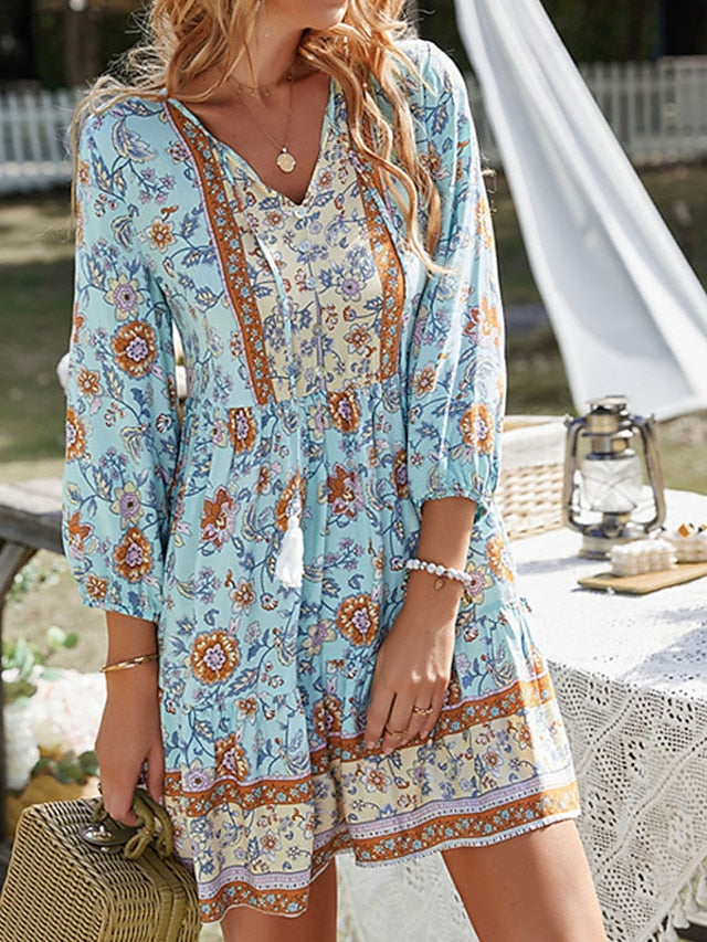 Boho Dress Long Dress Maxi Dress Pink Beige Light Blue 3/4 Length Sleeve Floral Ruffle Fall Autumn V Neck Weekend Loose Fit  S M L XL for Women