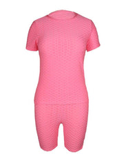 Bubble Textured Short Sleeve Butt Lifting Active Sets for Women