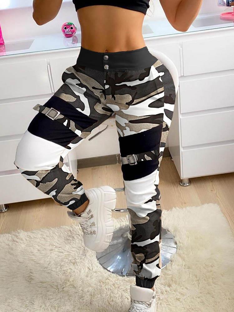 Buckle Camouflage Print Cargo Pants