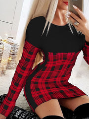 Bodycon Sheath Dress Tartan Dress Mini Dress Red Long Sleeve Plaid Print Winter Fall Spring Crew Neck Fashion Daily  S M L XL for Women