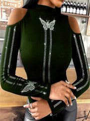 Butterfly Diamond Round Neck Off-shoulder Long Sleeves T-shirt for Women