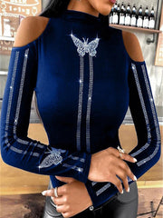 Butterfly Diamond Round Neck Off-shoulder Long Sleeves T-shirt for Women