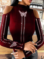 Butterfly Diamond Round Neck Off-shoulder Long Sleeves T-shirt for Women