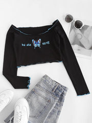 Butterfly Embroidered Off Shoulder Oriental Tee